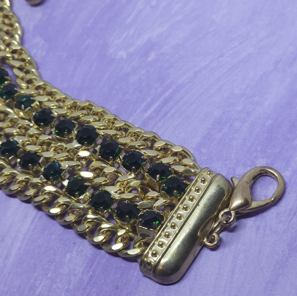 Gold Tone & Green Rhinestone Chain Chunky Bracelet - Picture 2 of 9